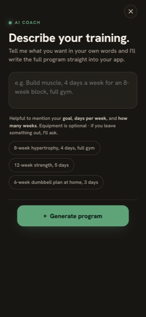 AI coach: Describe your training, with example prompts and a Generate program button