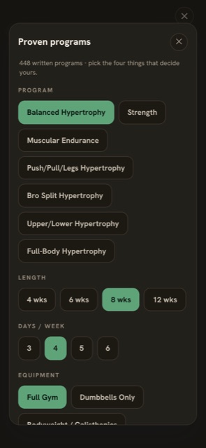 Proven programs picker: program family, length, days per week, equipment