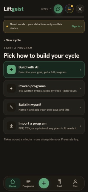 Pick how to build your cycle: Build with AI, Proven programs (448 written cycles), Build it myself, Import a program