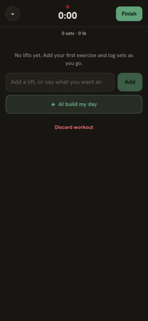 An empty Freestyle session with a timer, an add-a-lift field and AI build my day