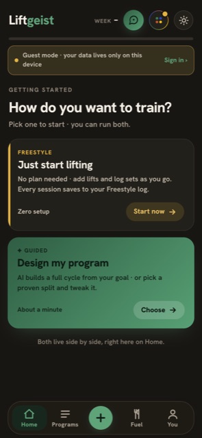 Home screen in guest mode offering Freestyle (just start lifting) or Guided (design my program)