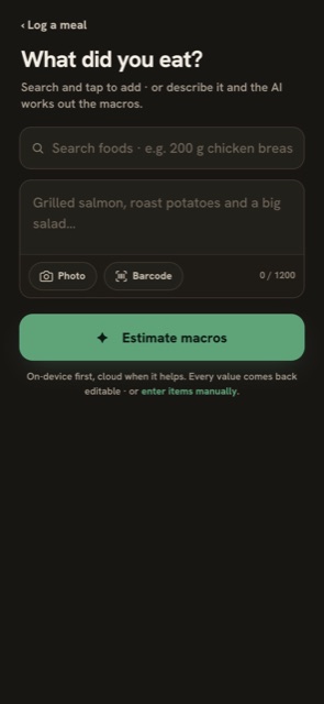 What did you eat? Search foods, describe the meal, Photo and Barcode buttons, Estimate macros