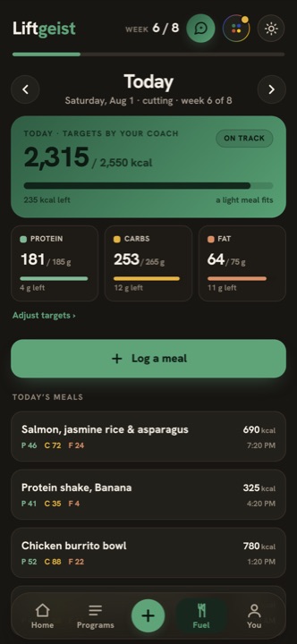 The Fuel screen: 2,315 of 2,550 kcal eaten, macro targets nearly met, today's meals listed