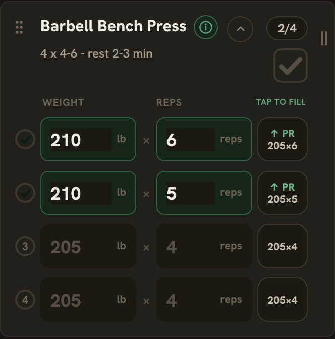 Today's bench press sets: 210 lb for 6 and for 5, each marked PR beside last week's 205 for 6 and 205 for 5, with last week's 205 for 4 waiting on the next two sets.