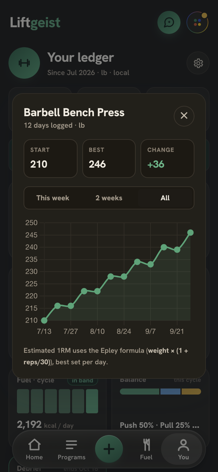 The Barbell Bench Press chart in Liftgeist: estimated one-rep max rising from 210 to 246 lb between July 13 and late September, 12 days logged, a change of plus 36.