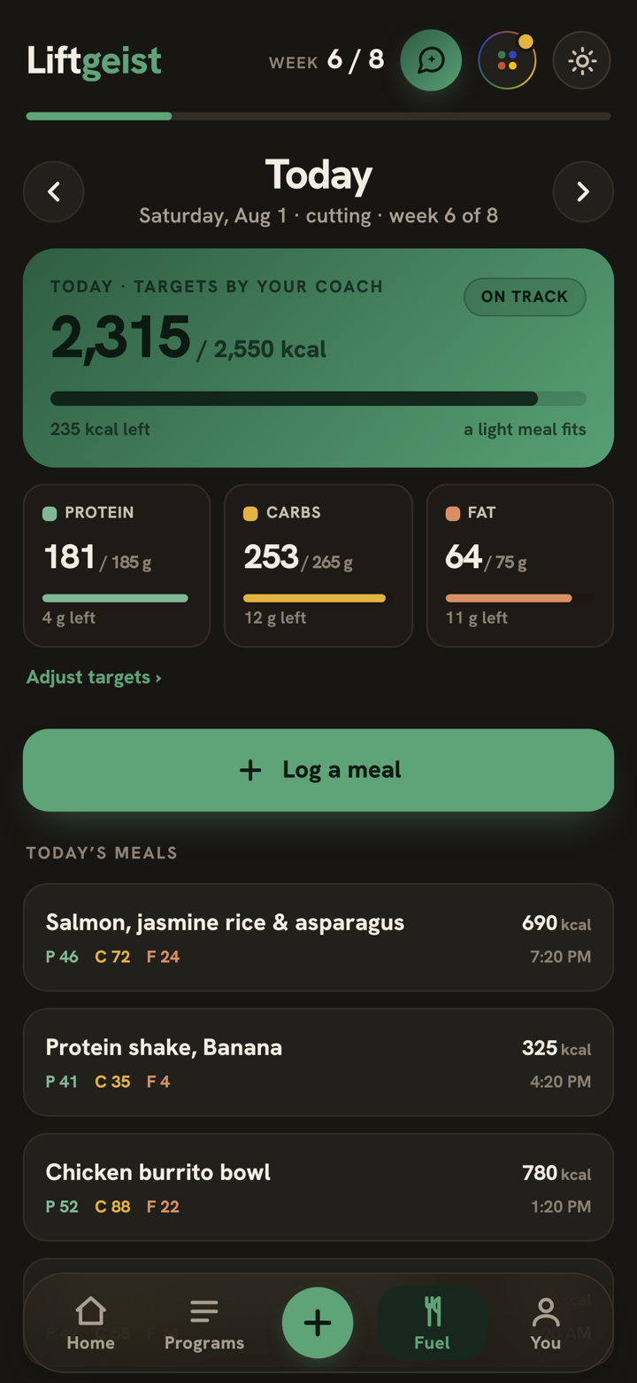 The Fuel screen: 2,315 of 2,550 kcal eaten, macro targets nearly met, today's meals listed