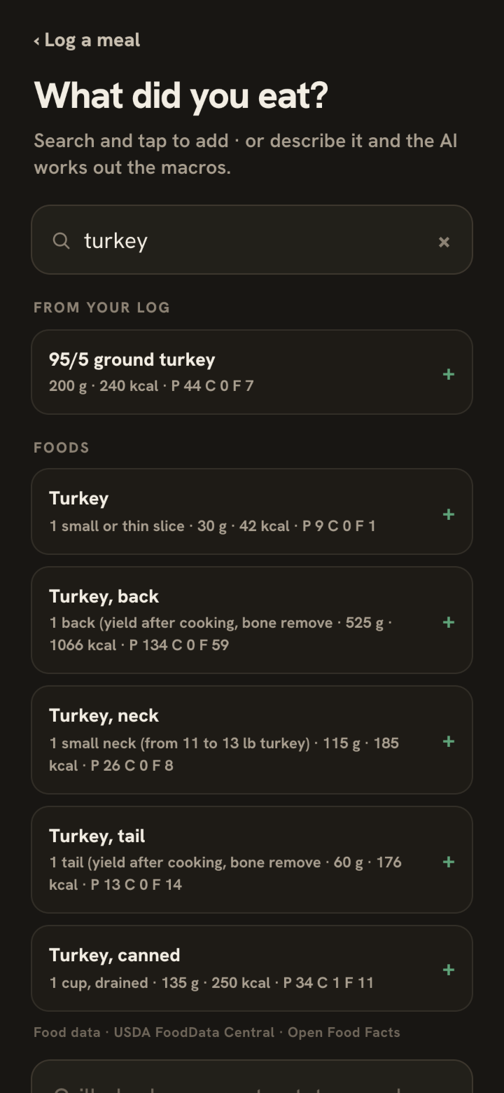 Food search in Liftgeist for turkey: 95/5 ground turkey from the user's own log appears first at 200 g, 240 kcal, 44 g protein, followed by USDA turkey entries.