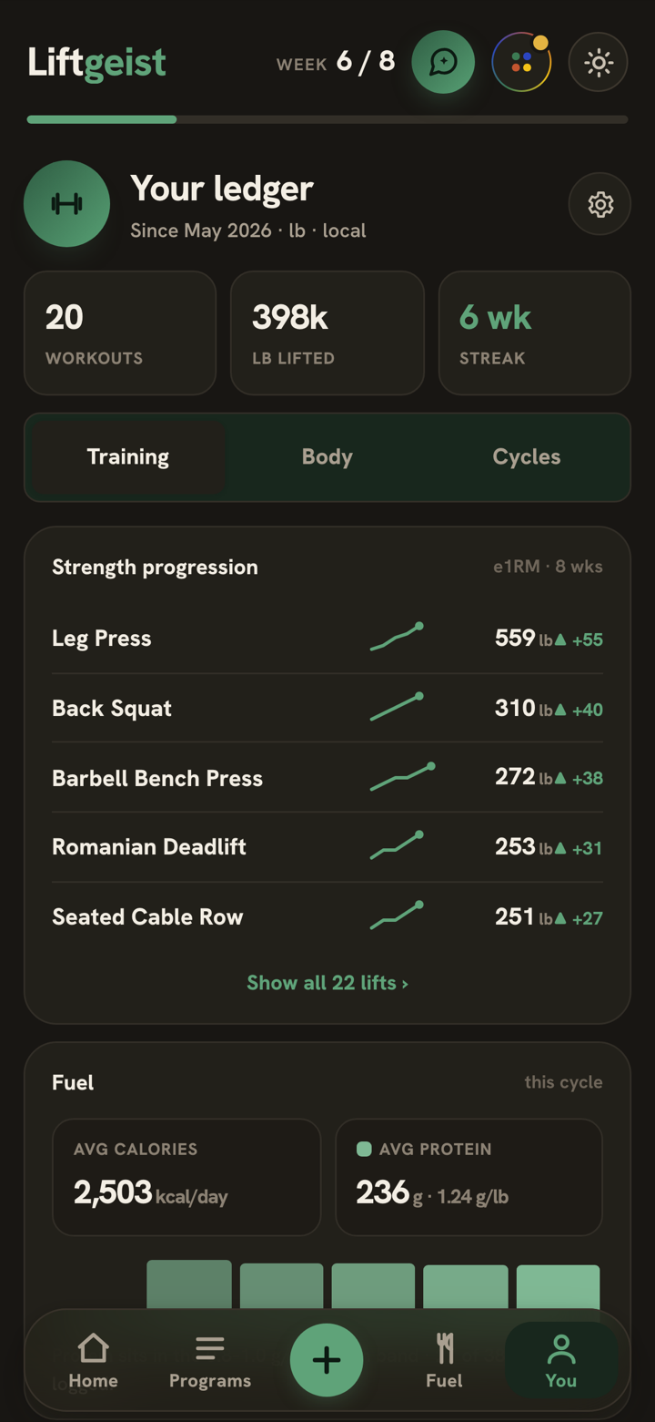 The ledger: 20 workouts, 398 thousand pounds lifted, a 6 week streak, strength charts per lift